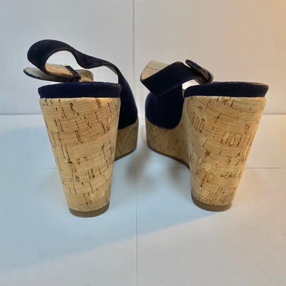 Authentic Stuart Weitzman Cork Wedge Navy Blue Suede Slingback Shoes Size 7 - Picture 5 of 8
